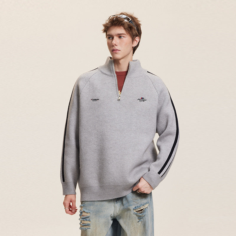 Three-Stripe Sleeve Stand Collar Half-Zip Knit Sweater