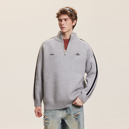 Three-Stripe Sleeve Stand Collar Half-Zip Knit Sweater