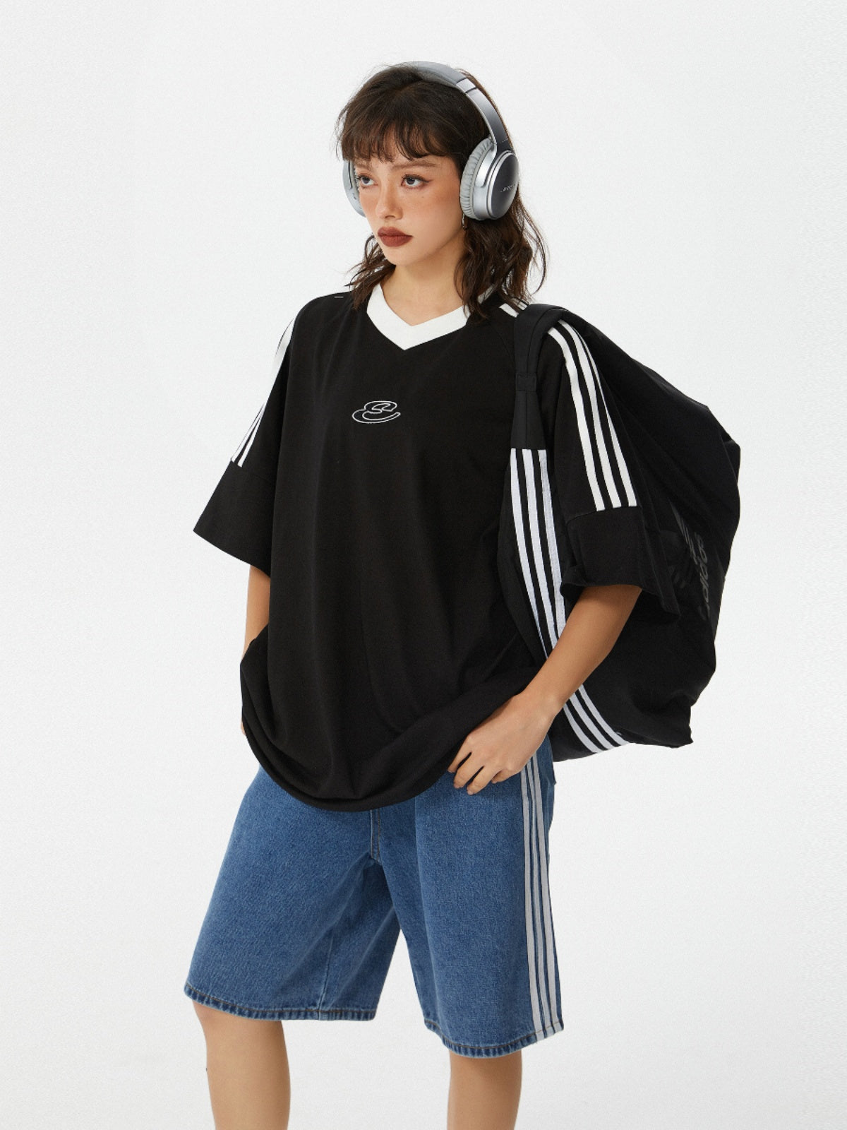 Vintage Triple-Stripe Sleeve Oversized Tee