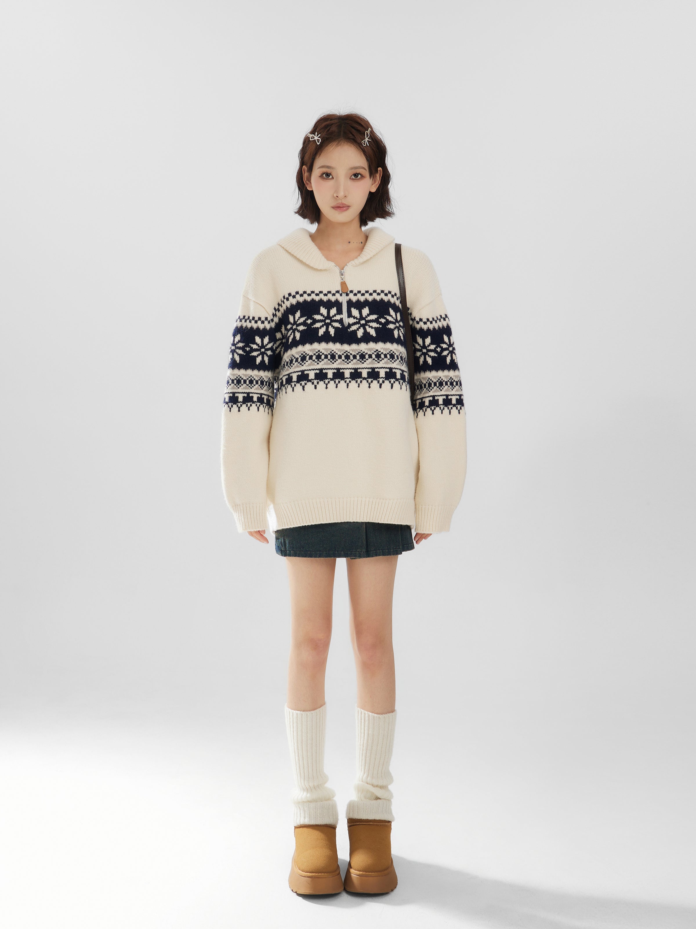 Fair Isle Half-Zip Funnel Neck Knit Sweater