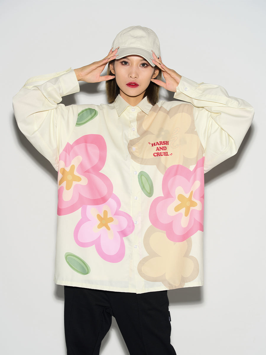 Hand-Drawn Floral Print Long Sleeve Shirt