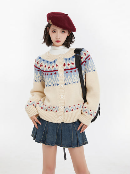 Fair Isle Button-Up Round Neck Knit Sweater