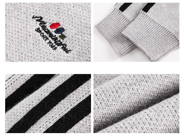 Three-Stripe Sleeve Stand Collar Half-Zip Knit Sweater