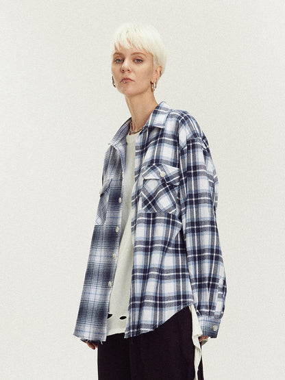 LOSTCTRL Embroidered Logo Plaid Patchwork Long Sleeve Shirt