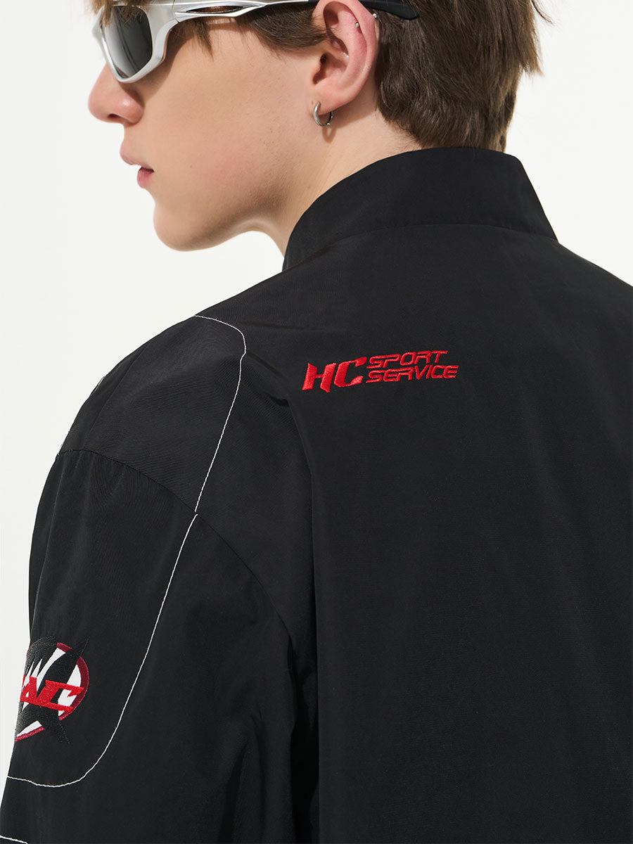 Vintage Racing Elements Embroidered Stand Collar Jacket