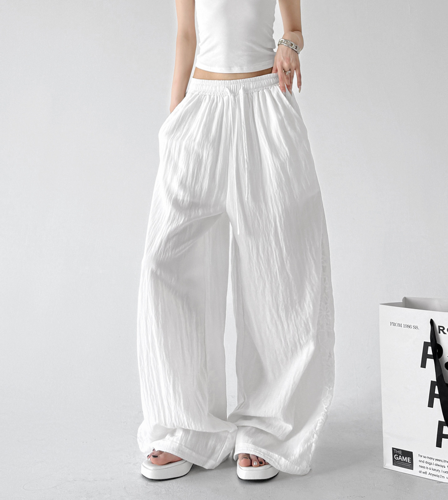 Linen-Blend Lace Panel Wide-Leg Pants - CT6218 Main image