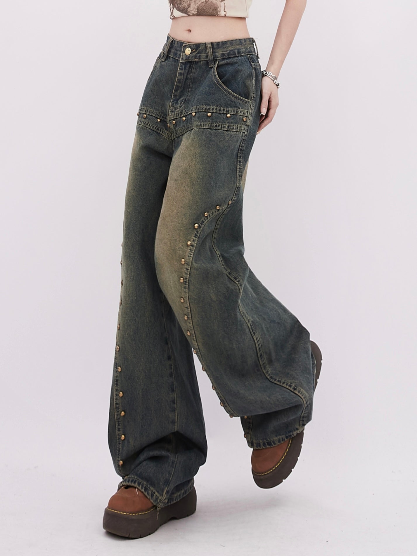 Retro Rivet-Embellished Wide-Leg Denim