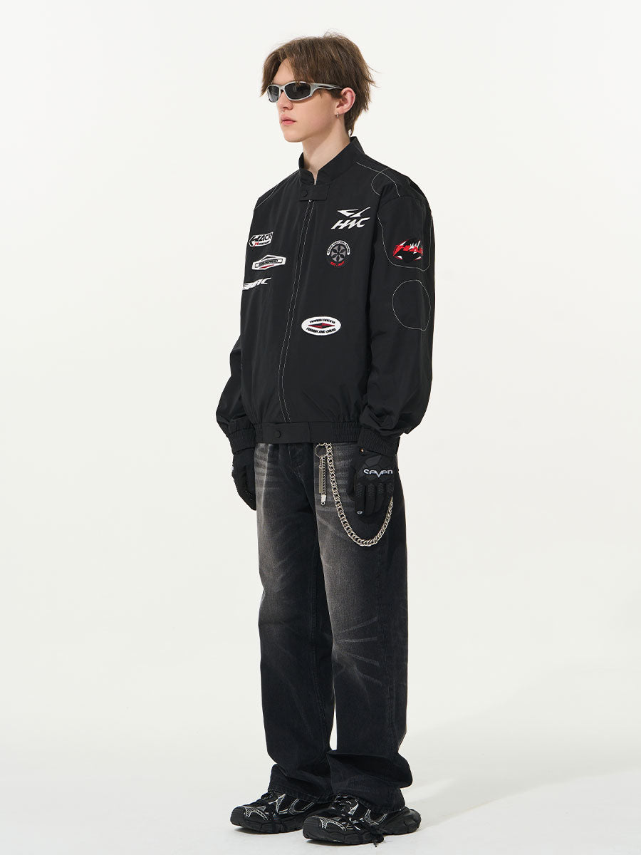 Vintage Racing Elements Embroidered Stand Collar Jacket