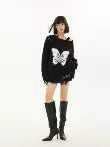 Black Off-Shoulder Butterfly Print Sweater