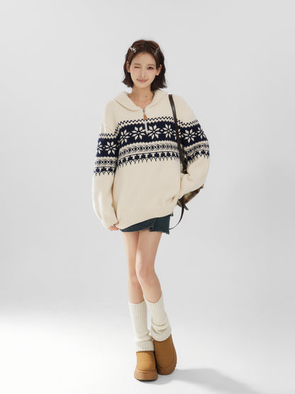 Fair Isle Half-Zip Funnel Neck Knit Sweater