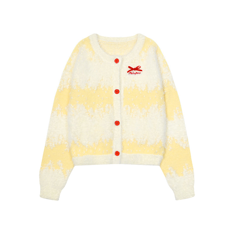 Butterfly Bow Ombre Stripe Fuzzy Knit Cardigan