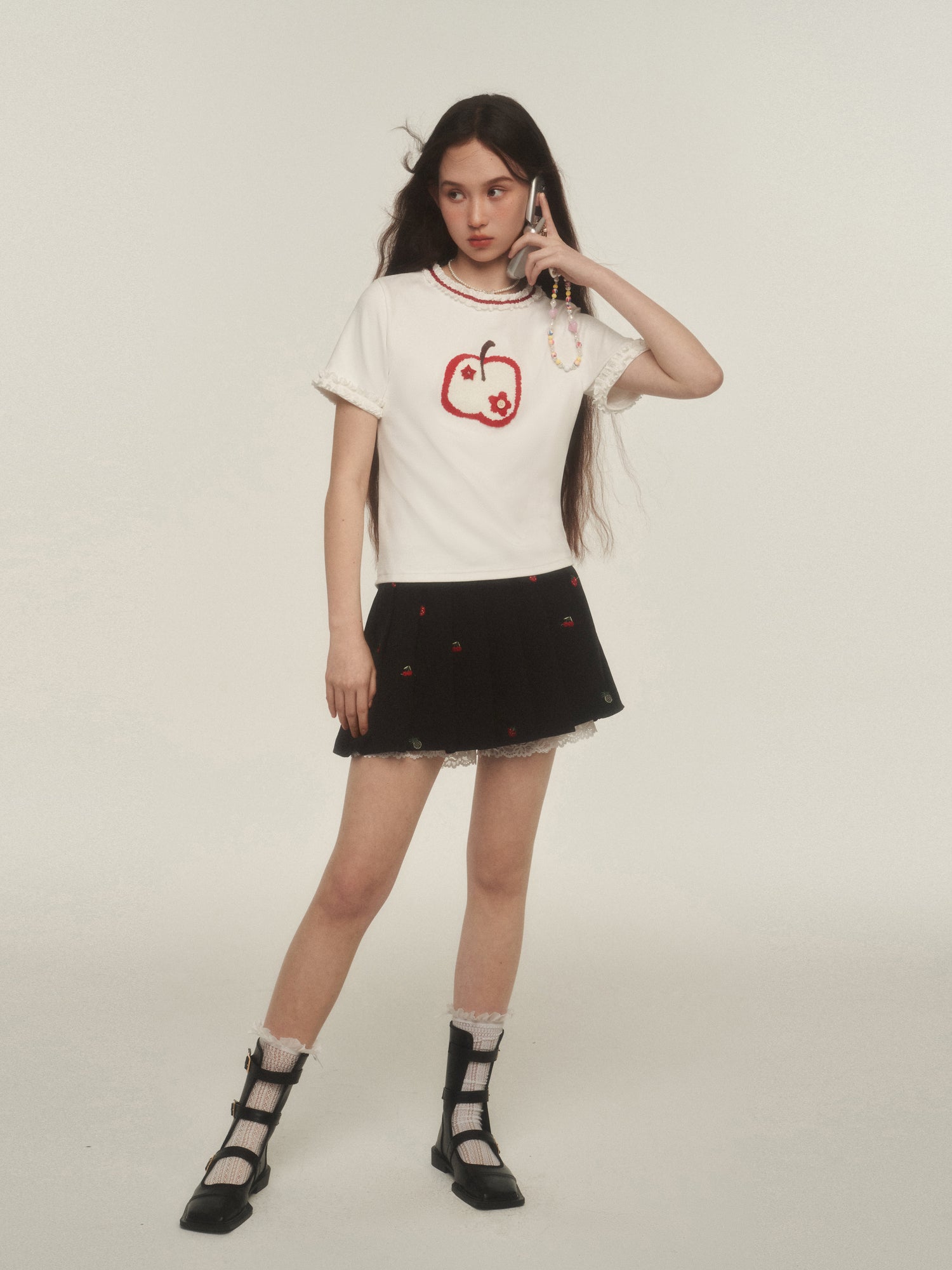 Apple Embroidered Lace Trim Tee