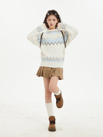 Fair Isle Jacquard White Crewneck Pullover