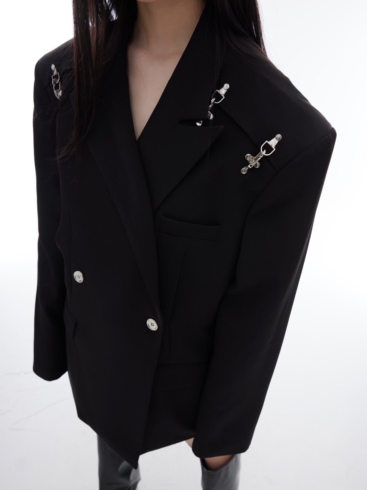 Metal Buckle One-Shoulder Blazer