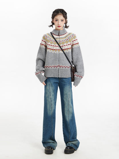 Gray Fair Isle Zip-Up Knit Sweater