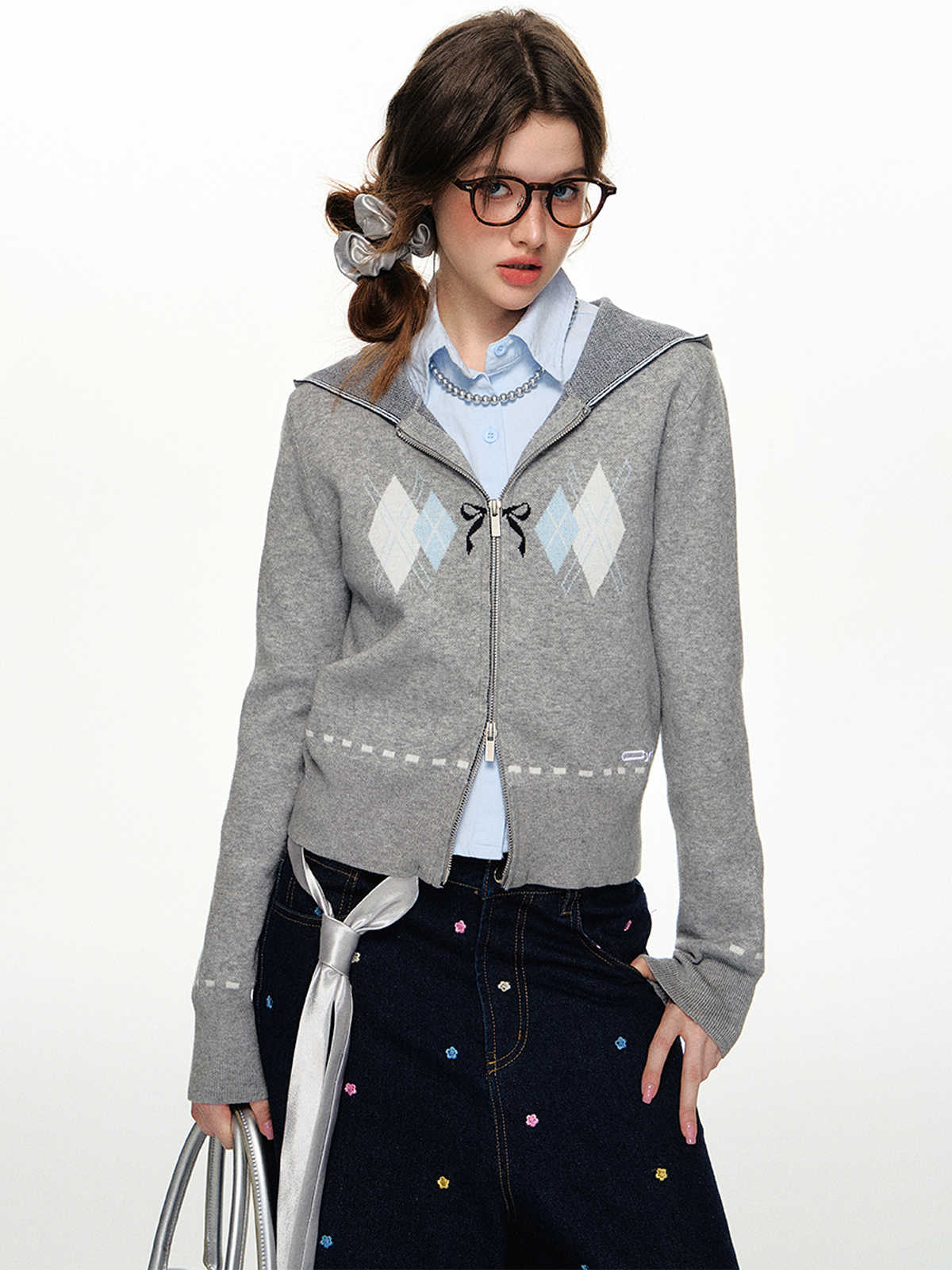 Argyle Colorblock Hooded Cardigan