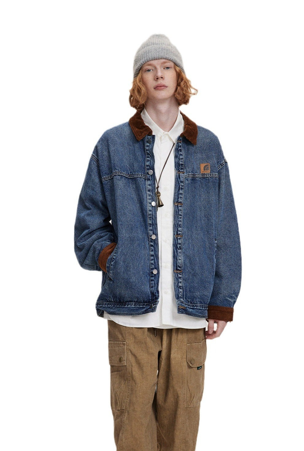 CATTEE Vintage Corduroy Collar Denim Jacket