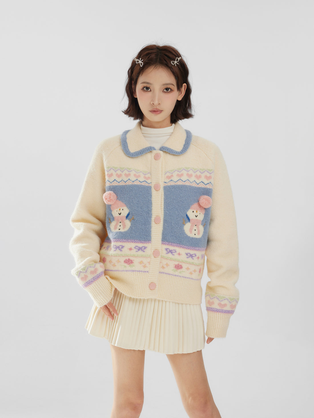 Snowman Print Shawl Collar Knit Sweater