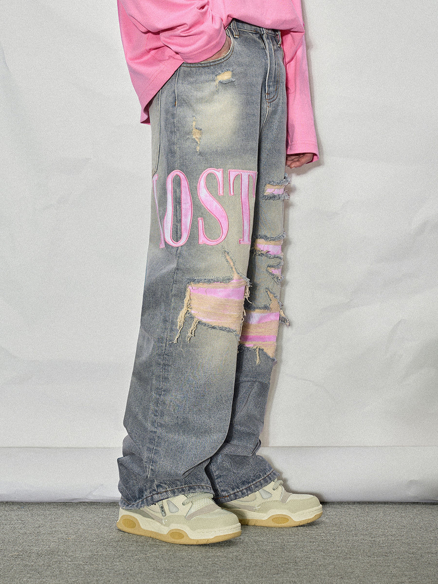 LOSTCTRL Pink Distressed Washed Denim