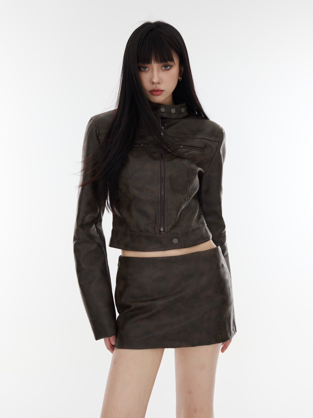 Brown PU Leather Jacket &amp; Mini Skirt Set