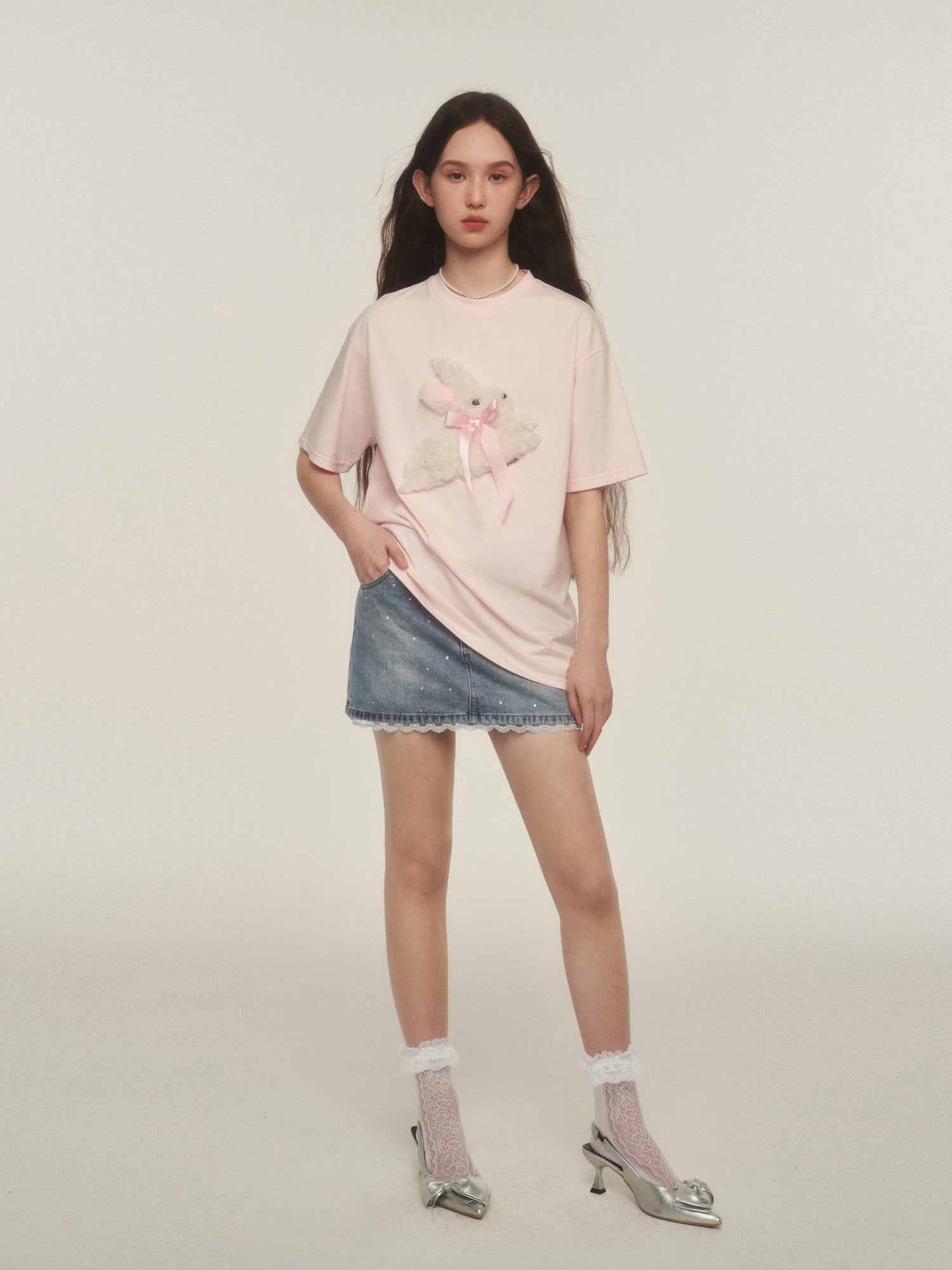 Embroidered Fuzzy Bunny Print Tee