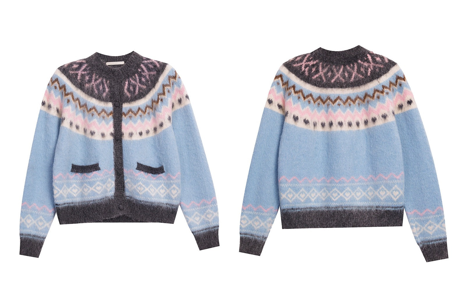 Blue Fair Isle Zip-Up Knit Cardigan Sweater