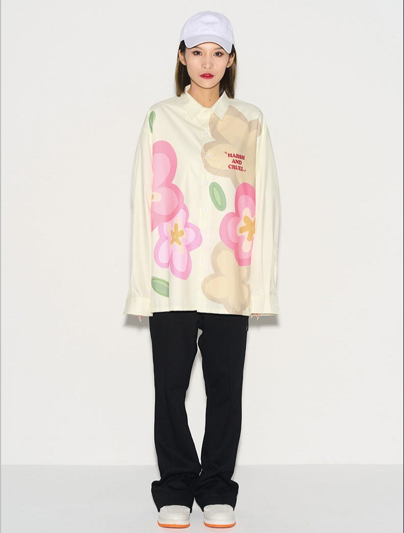 Hand-Drawn Floral Print Long Sleeve Shirt