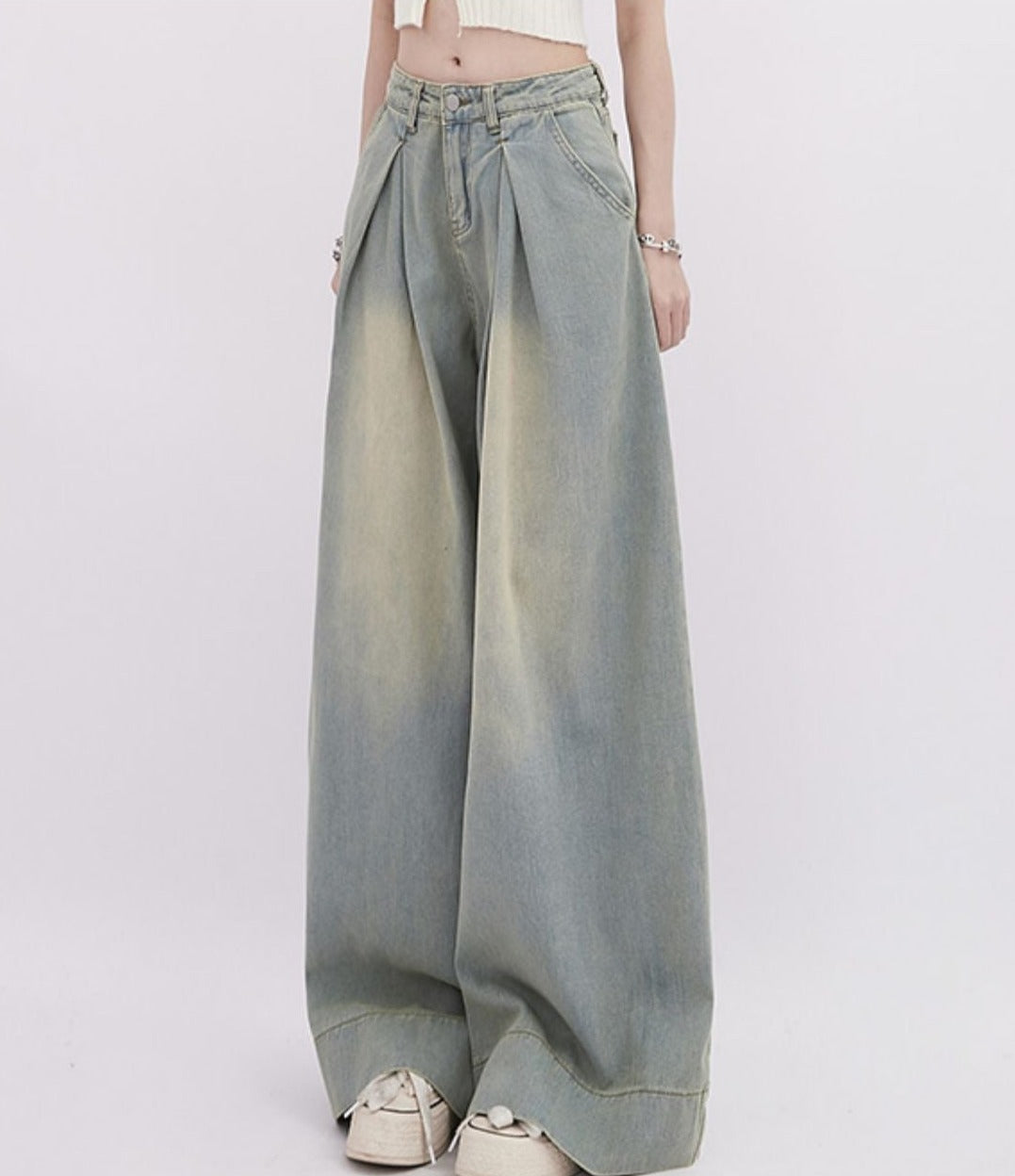 Vintage Pleated Washed Wide-Leg Denim