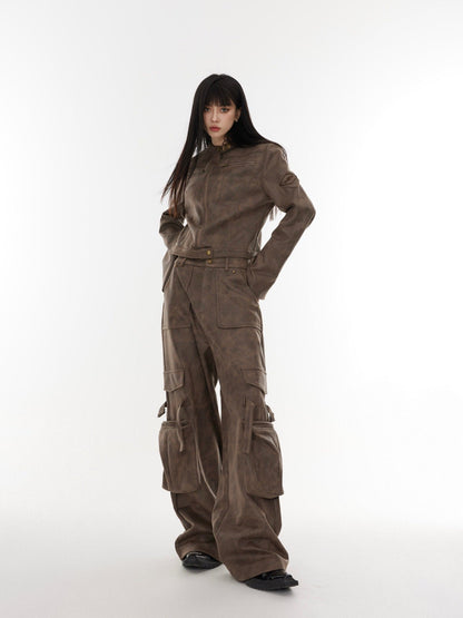 Suede Multi-pocket Motorcycle Cargo Pants