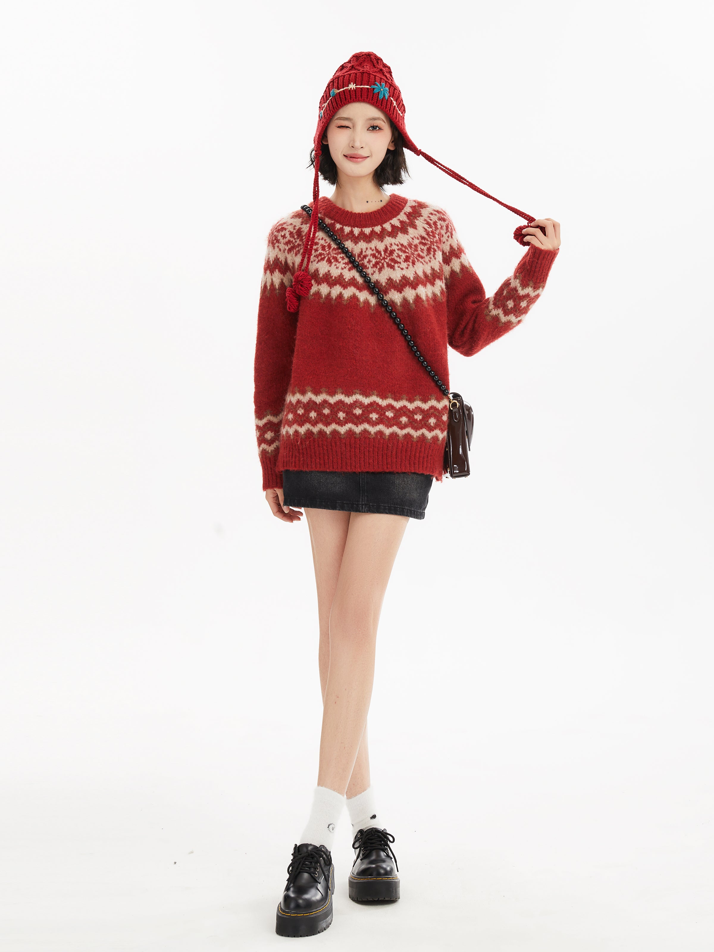 Red Fair Isle Floral Pattern Pullover