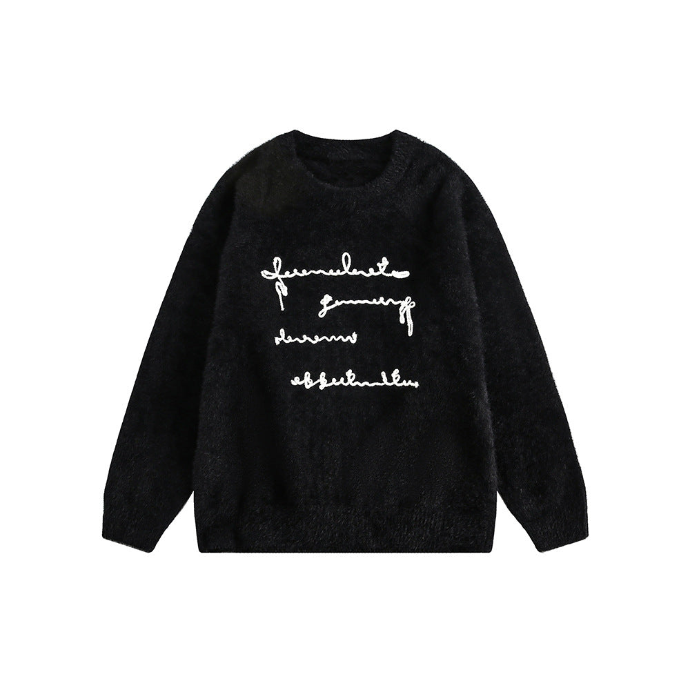 Raised Letter Knit Print Crewneck Sweater