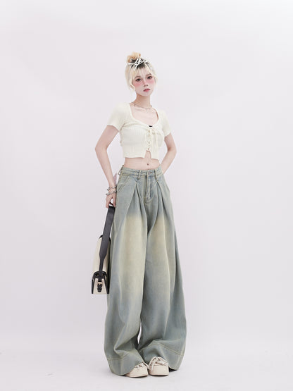 Vintage Pleated Washed Wide-Leg Denim