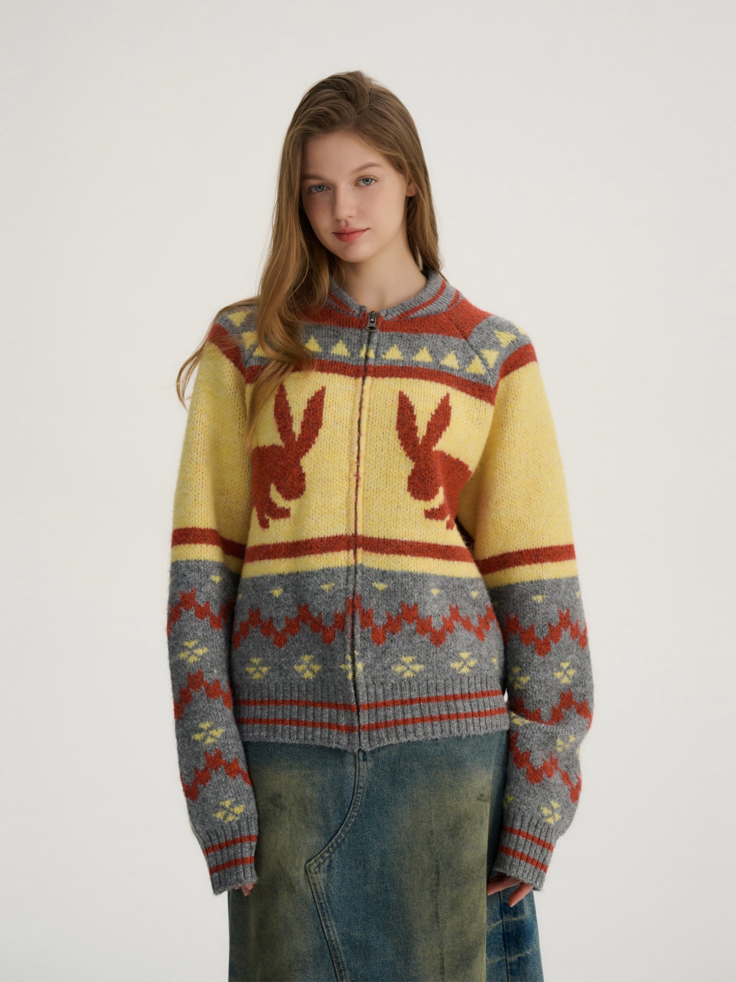 Bunny Jacquard Knit Cardigan Fair Isle Sweater