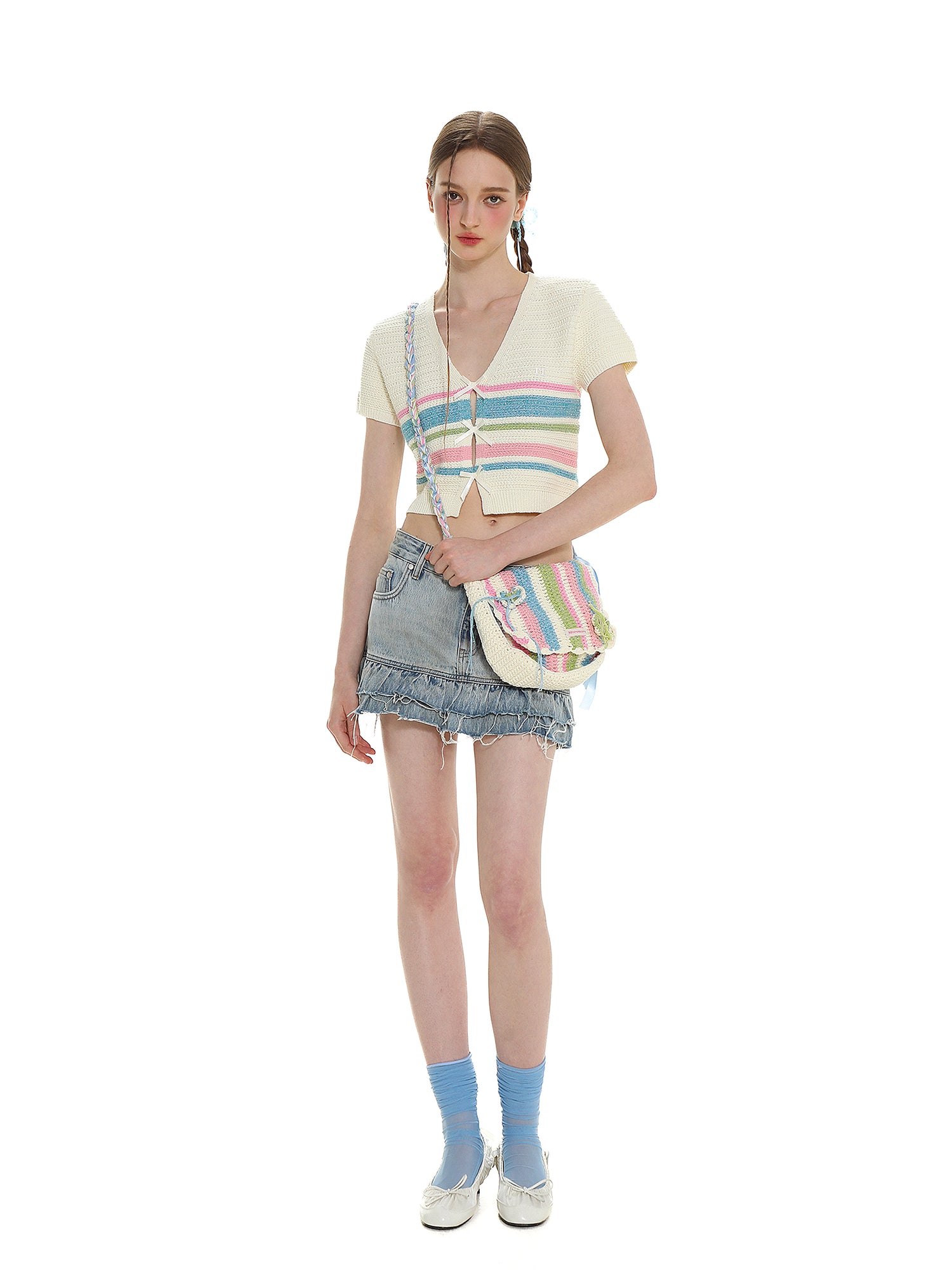 Colorful Striped Bow V-Neck Short Knit Top