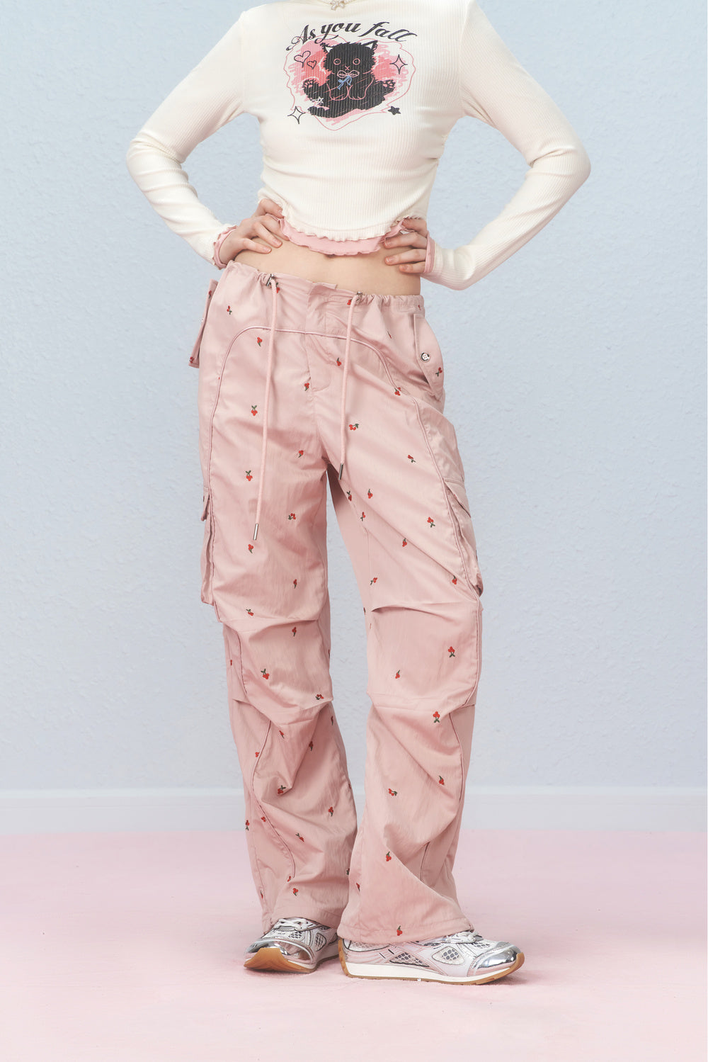 Cherry Embroidered Cargo Pants