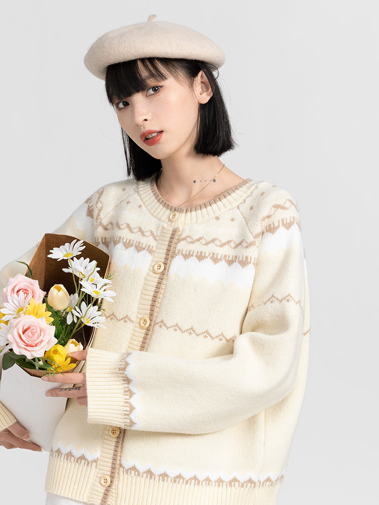 Butter Yellow Fair Isle Pattern Knit Cardigan