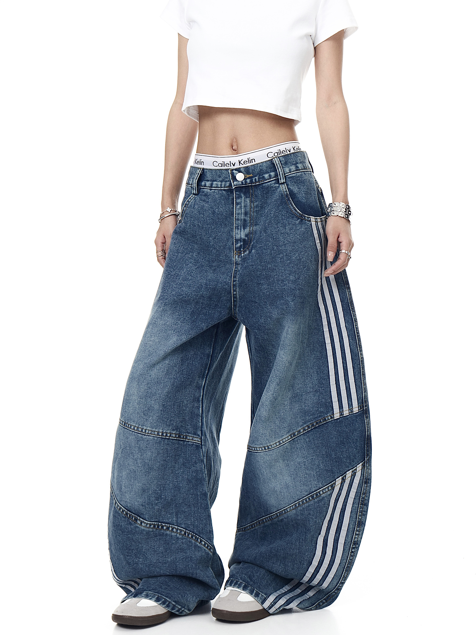 Washed Triple‑Stripe Deconstructed Wide‑Leg Jeans