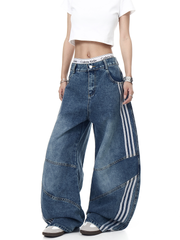Washed Triple‑Stripe Deconstructed Wide‑Leg Jeans