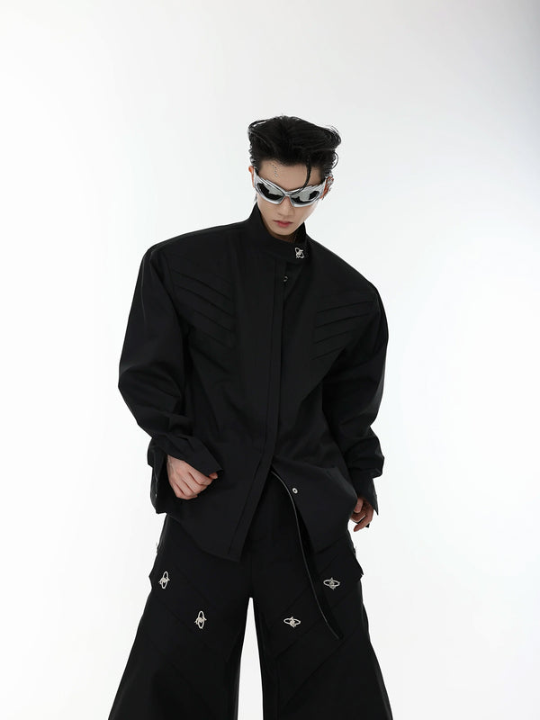 Argue Culture Panelled Stand-Collar Padded-Shoulder Shirt - color view 9