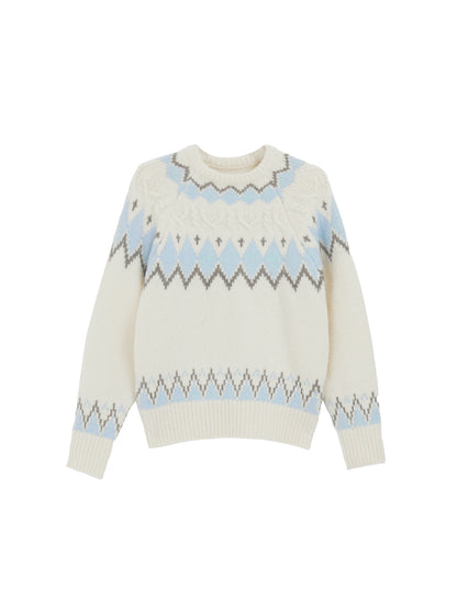 Fair Isle Jacquard White Crewneck Pullover