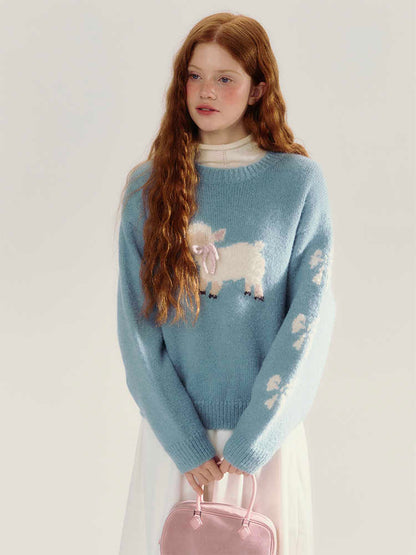 Retro Lamb Pattern Round Neck Knit Sweater