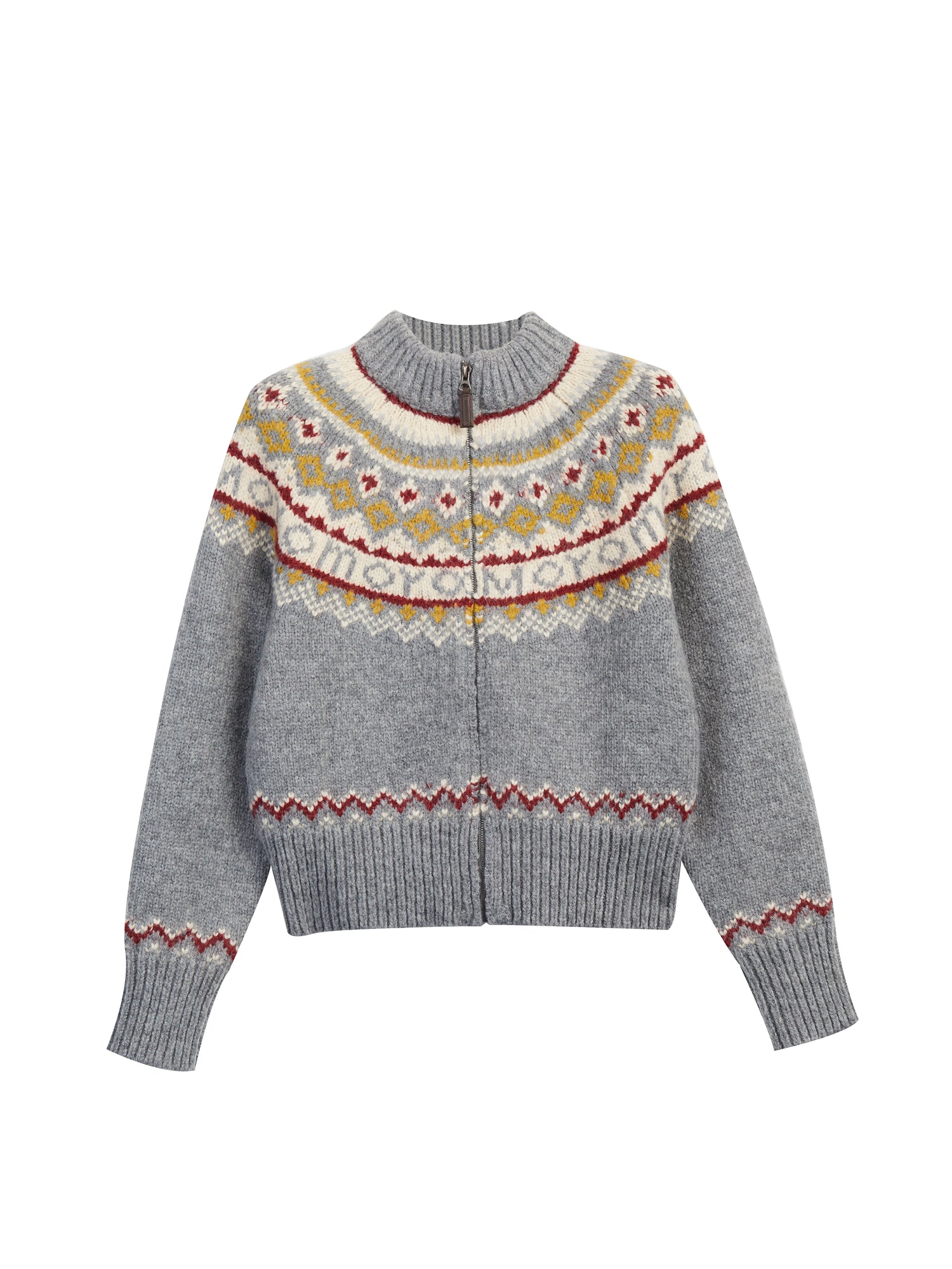 Gray Fair Isle Zip-Up Knit Sweater