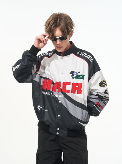 Letter Embroidered Color-Blocked Moto Racing Jacket