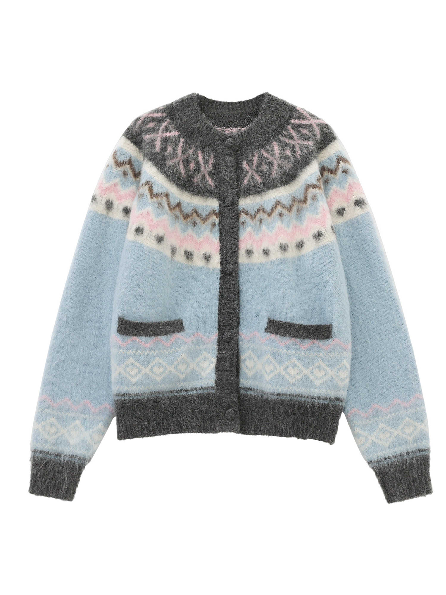 Blue Vintage Fair Isle Pattern Knit Cardigan