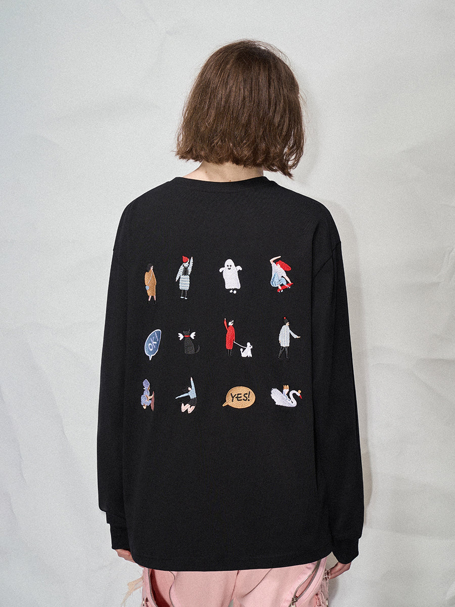 LOSTCTRL Embroidered Drawstring Long Sleeve Tee