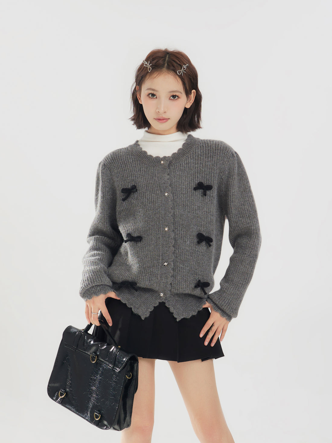 Bow Accent Cardigan Knit Sweater