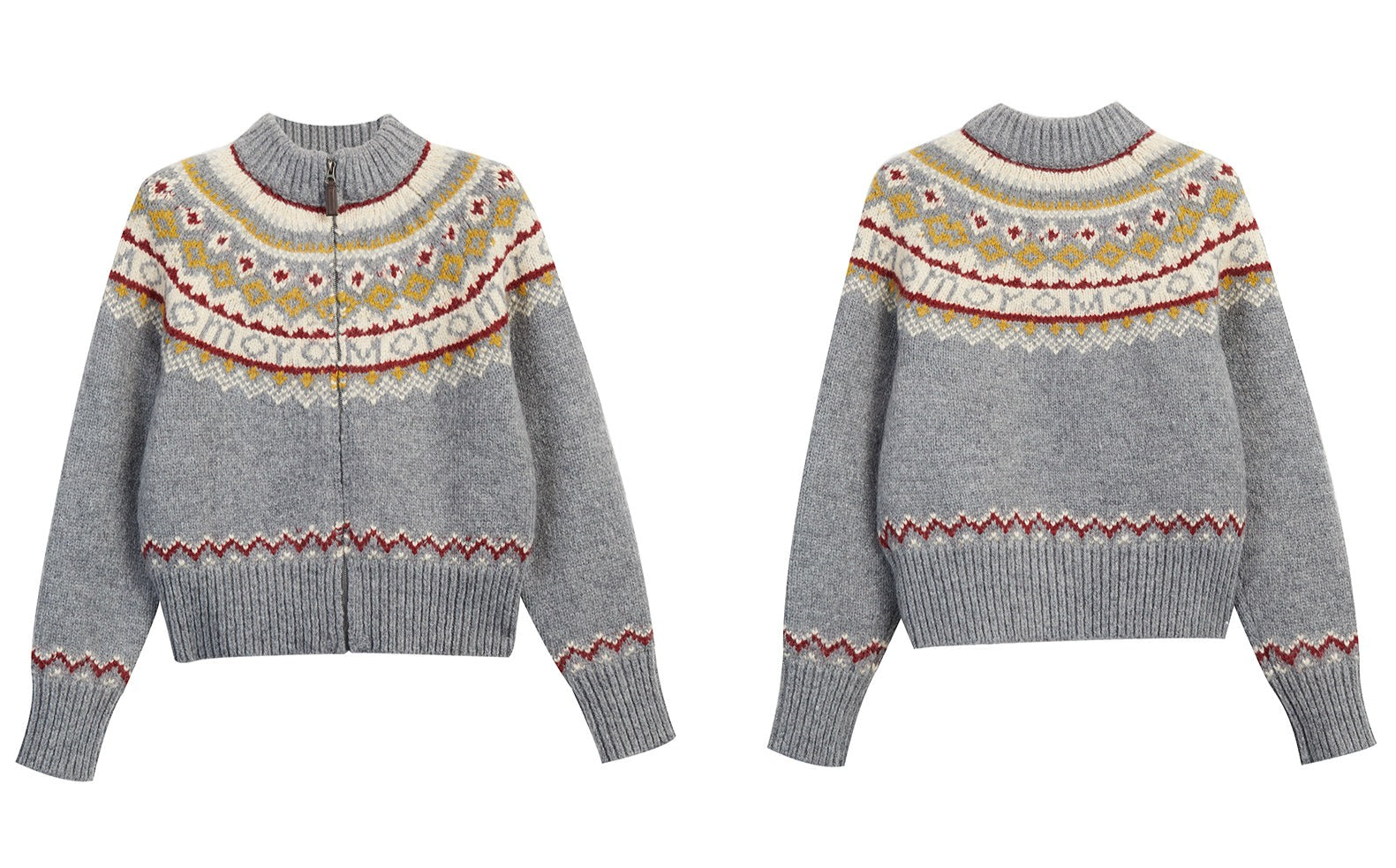 Gray Fair Isle Zip-Up Knit Sweater