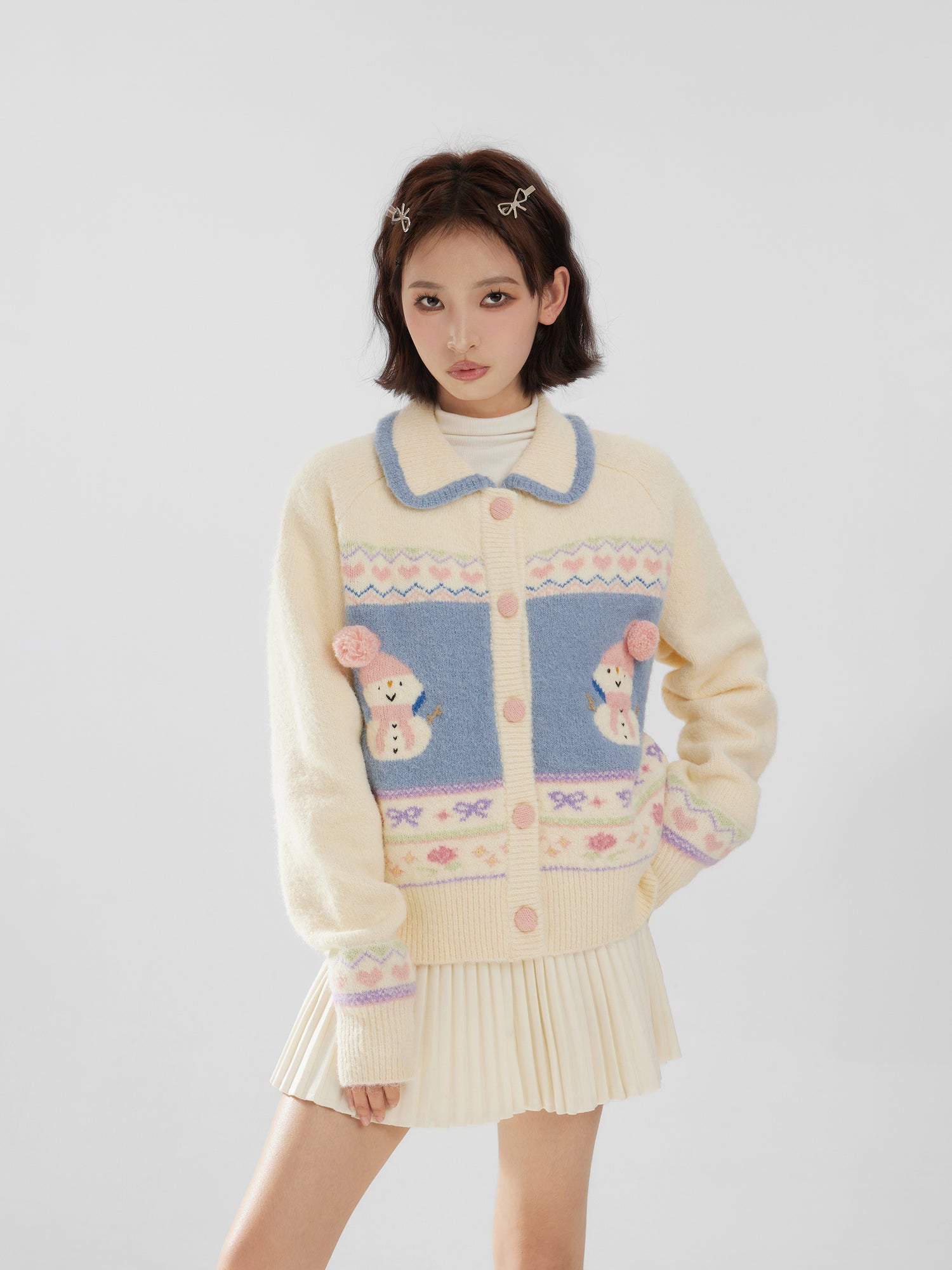 Snowman Print Shawl Collar Knit Sweater