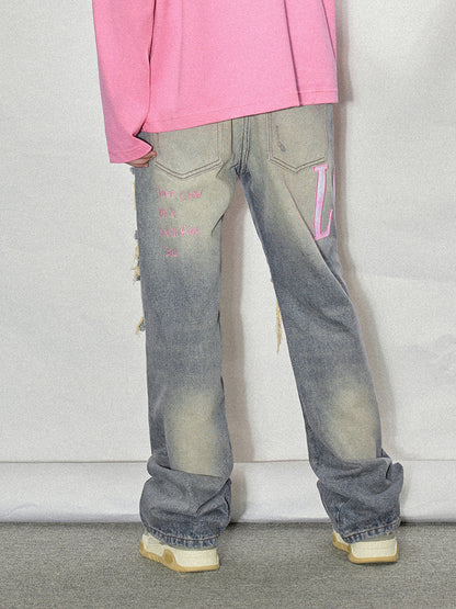 LOSTCTRL Pink Distressed Washed Denim