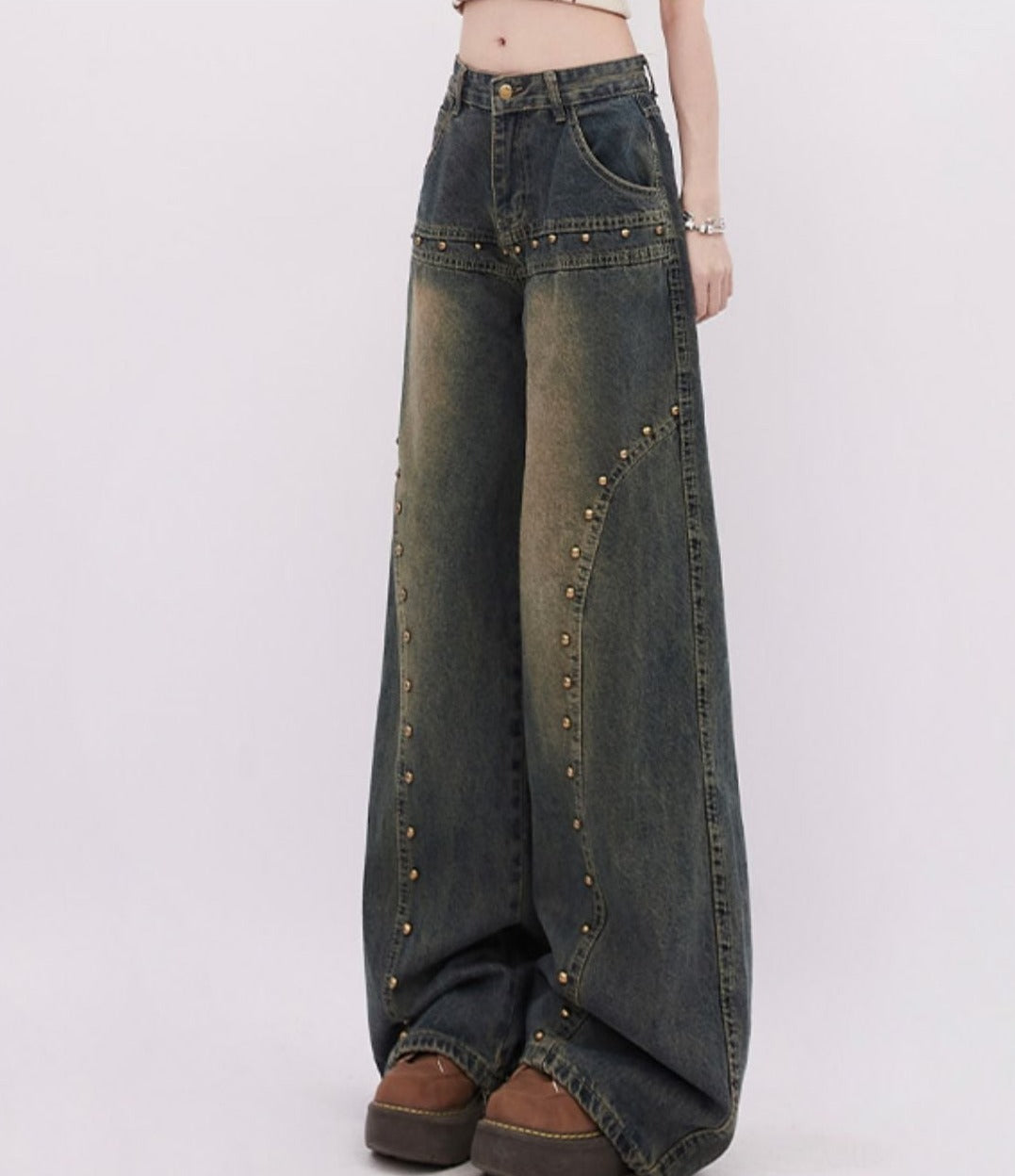 Retro Rivet-Embellished Wide-Leg Denim